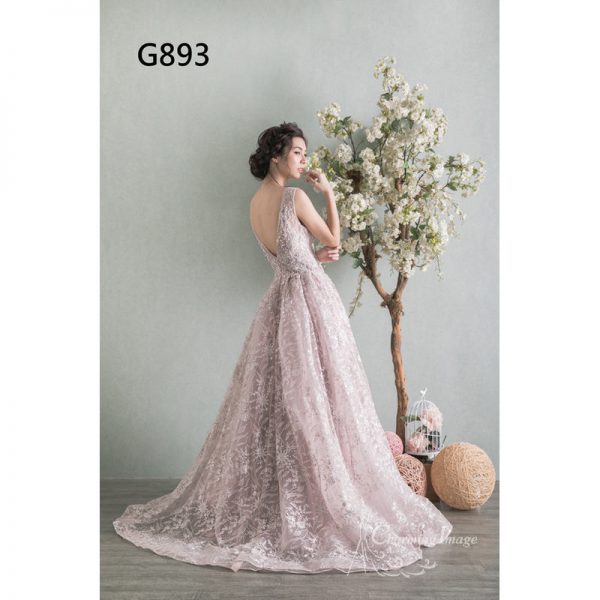 粉紅色刺繡花紋蓬鬆裙擺晚裝 G893