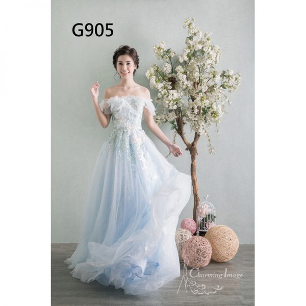 粉藍蕾絲一字膊Aline裙擺晚裝 G905