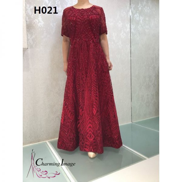 紅色水晶短袖主婚人禮服 H021