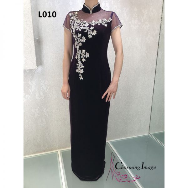 紫色短袖lace旗袍主婚人禮服 L010