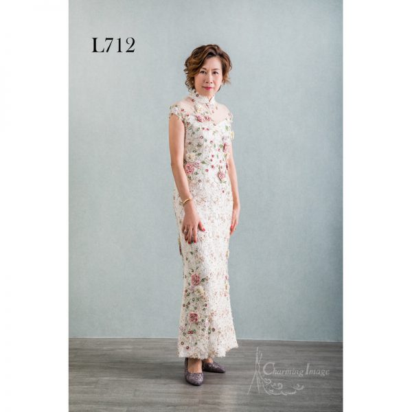 米白色玫瑰旗袍主婚人禮服 L712