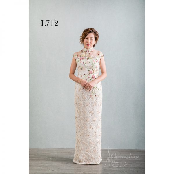 米白色玫瑰旗袍主婚人禮服 L712