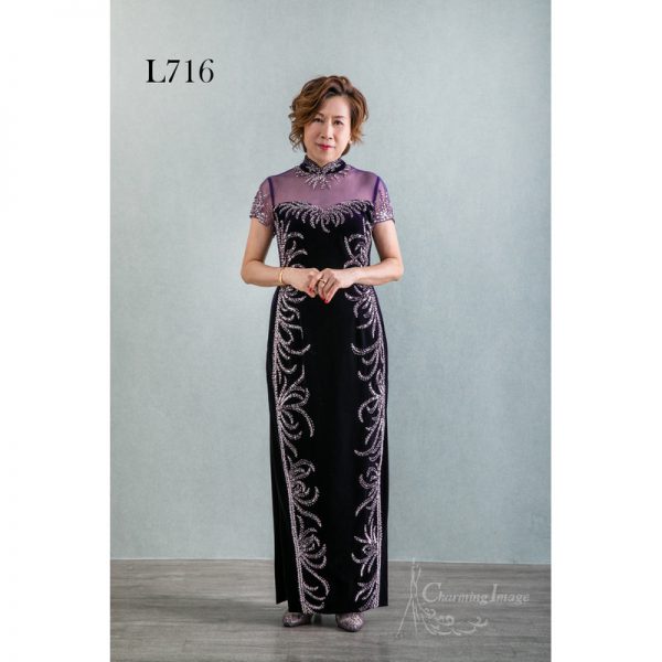 紫色短袖旗袍主婚人禮服 L716