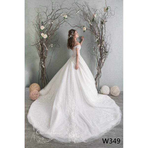 一字膊白色花朵婚紗 W349
